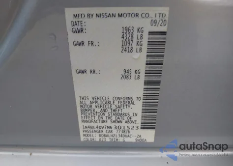 2021 Nissan Altima Sv Fwd из США, поврежденный, VIN 1N4BL4DV7MN301523